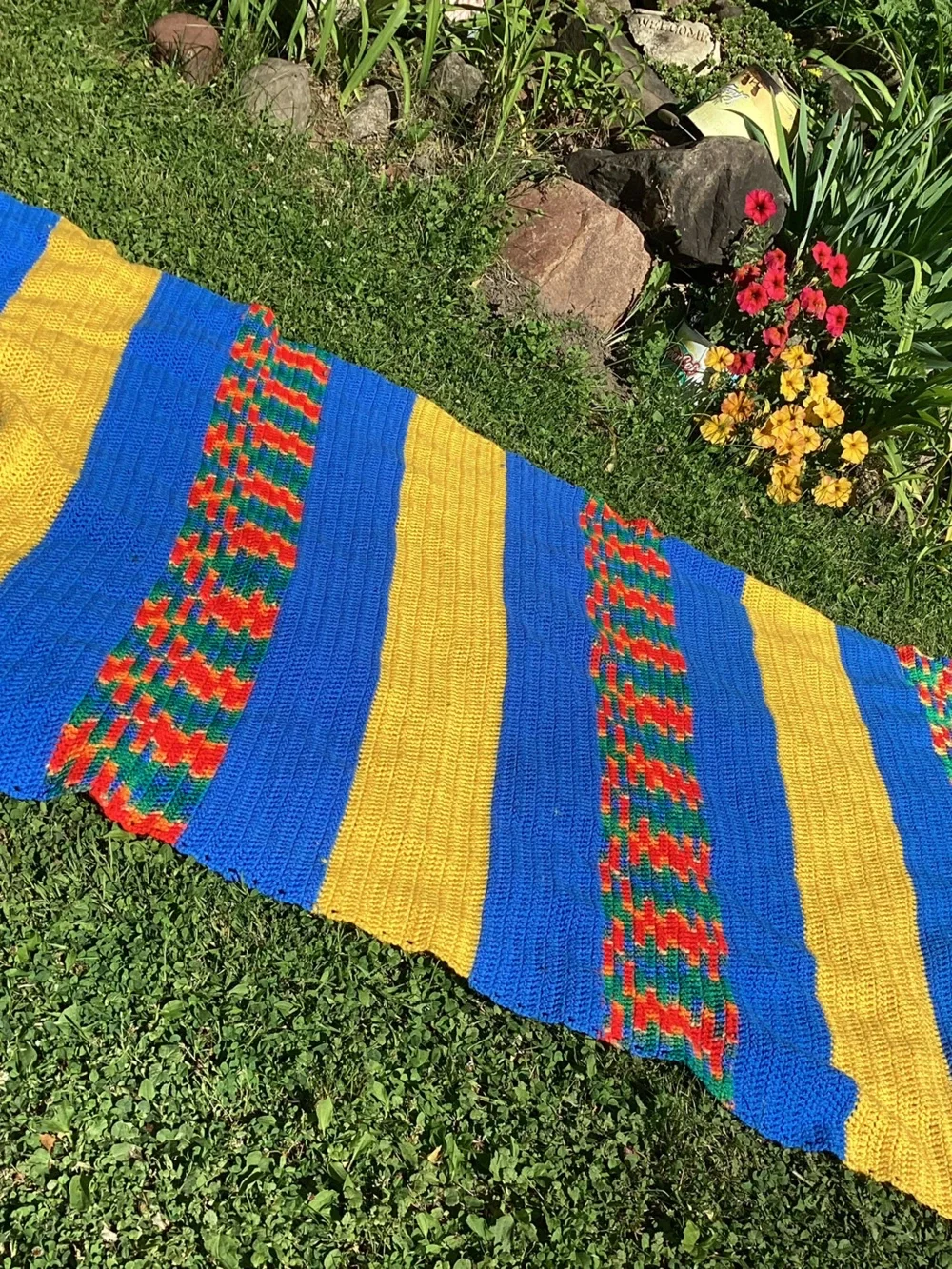 🦋 CROCHETED VINTAGE BLANKET WHIMSICAL COLORS THROW Hand Made 51” X 79”